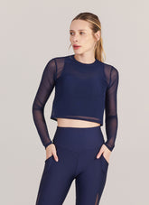 Cropped Tule Manga Longa Marinho