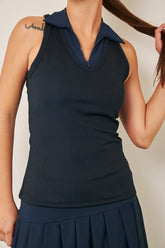 Regata Canelada Decote V Marinho